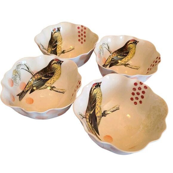 Anthropologie Other - Anthropologie "On Safari" Soup/Cereal Bowls Scalloped Edge Birds Set of 4, EUC